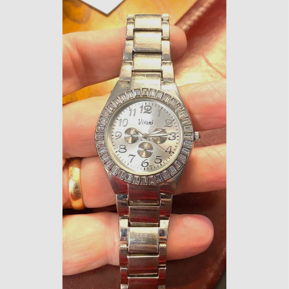 Women's Silver Tone Vivani Watch, Crystal Accented Bezel, Adjustable Band